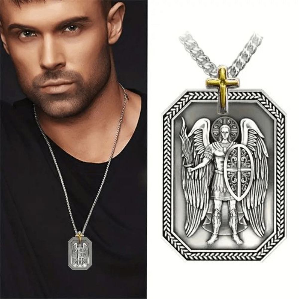 St. Michael Archangel Protector Cross Stainless Steel Pendant Necklace